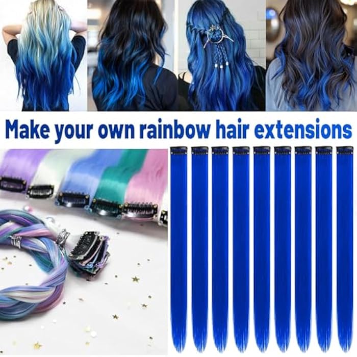 Tofafa 22 Inch Colored Hair Extensions,Straight Hair can be Curled,Multi-colors Party Highlights Clip in Synthetic Hair Extensions(10 Pcs Blue) - Image 2